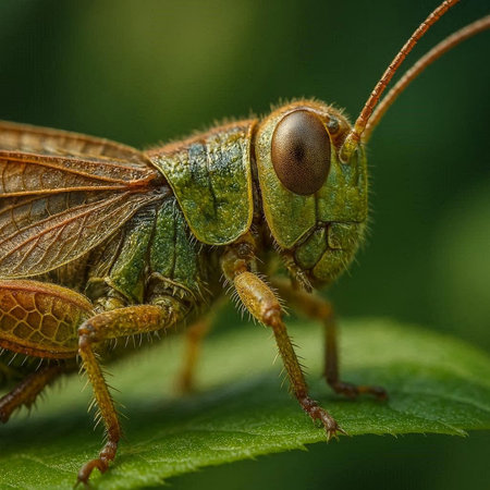 Macro shot of grasshopper on a green leaf in nature