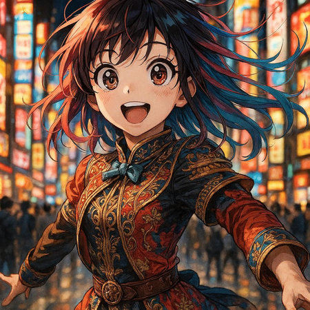 A manga style illustration of a girl in a Chinese costume. The girl is smiling.