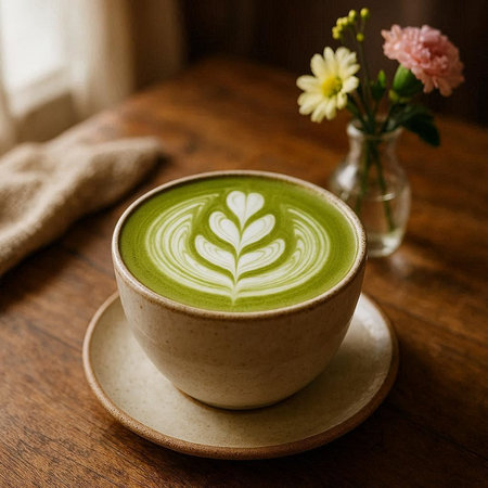 A cup of matcha latte on wooden table with flower vase