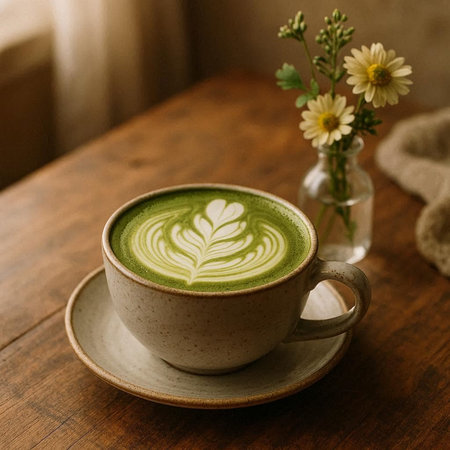 Green tea latte art on wooden table in cafe, stock photo
