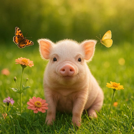 Little funny piglet with butterfly sitting on the green grass and flowers
