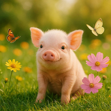 Cute little piglet and butterfly on green grass with flowers.の写真素材