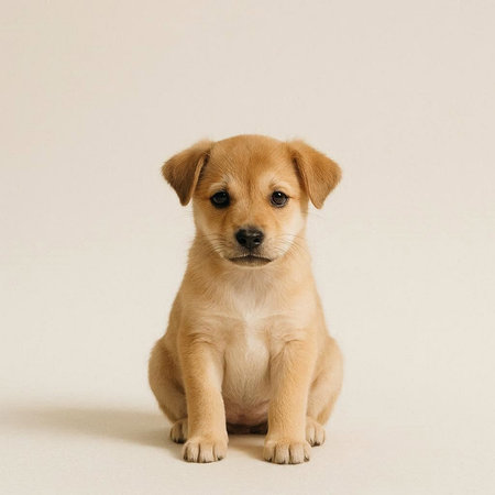 Studio shot of an adorable mixed breed puppy sitting on white background.