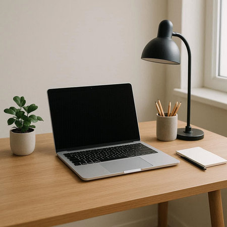 laptop with blank screen on wooden table in office, mockup