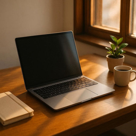 Laptop and coffee cup on wooden table at home office. Work from home concept.の写真素材