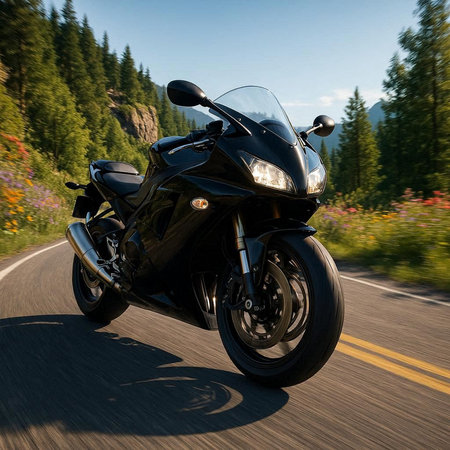 Black sport bike on the road in the mountains. Motion blur.