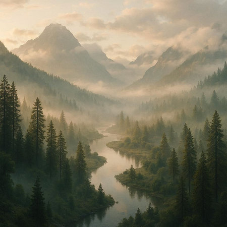 Beautiful view of the mountain river in the morning mist. Mountain landscape.