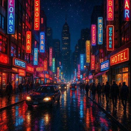 Manhattan street view at night. Manhattan is the most densely populated of the five boroughs of NYC.