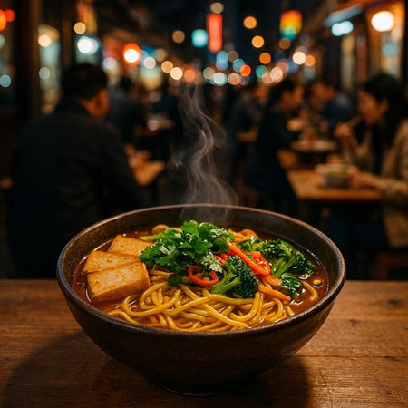 Bowl of chinese noodle soup on wooden table at night