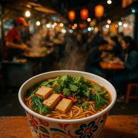 Chinese noodle soup with tofu and herbs in a bowl on the table