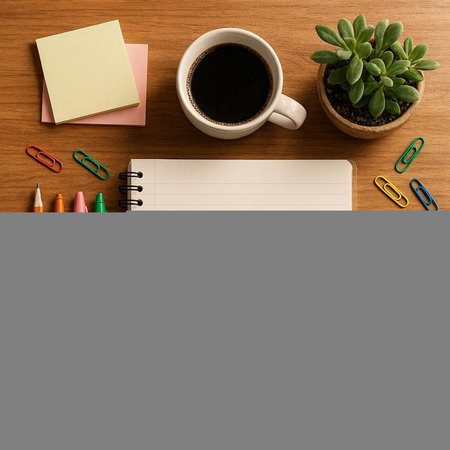 Top view of coffee cup and office supplies on wooden table. Flat lay