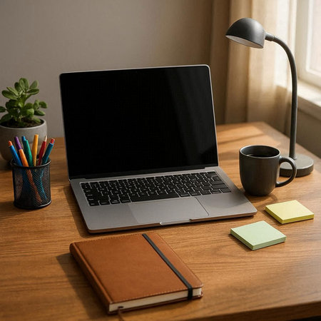 Working space with laptop, coffee cup and stationery on wooden table
