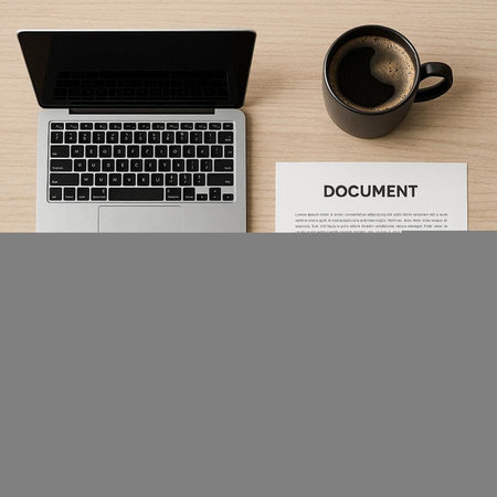 Laptop and coffee cup on wooden table. Top view with copy space
