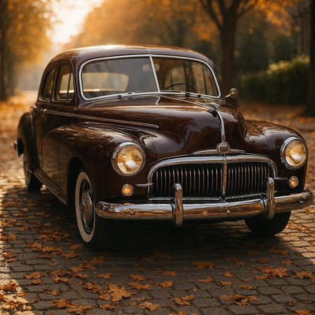 Vintage car in the autumn park. Retro car on the road.