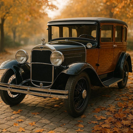 Vintage car in the autumn park. Retro car on the road.