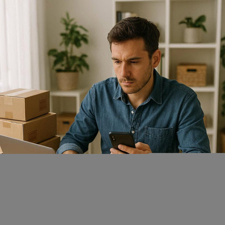 young man using smartphone and laptop while standing near boxes at home office