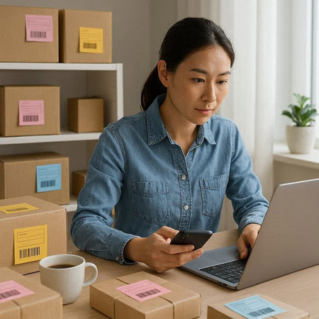 Young asian woman working at home office, she is using smart phone and laptop computer to send and...