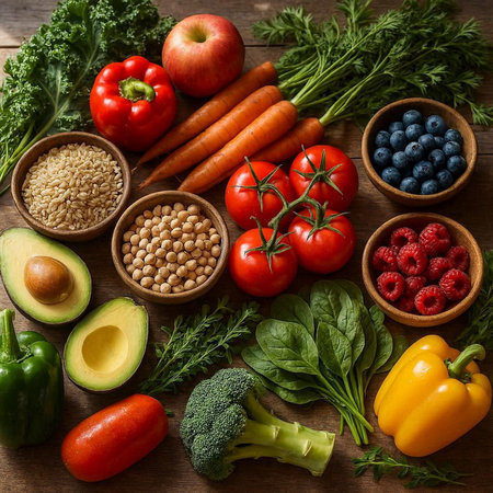 Healthy food background. Vegetables, fruits and superfoods.