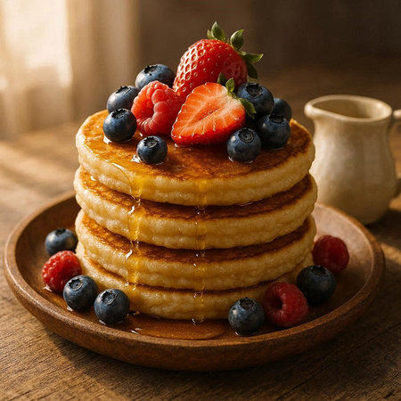 Stack of pancakes with fresh berries and maple syrup on wooden plate.