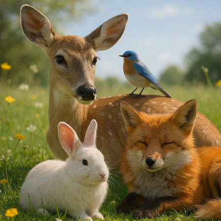 Red fox, white rabbit and blue bird sitting on the grass.