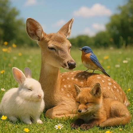 Cute family of deer, bunny and a blue bird in the grass