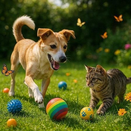 Cat and dog playing with colorful easter eggs on green grass.