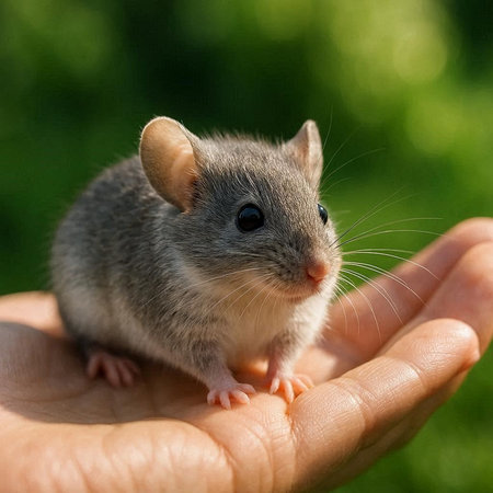 Small gray rat in the hands of a man on a green backgroundの写真素材