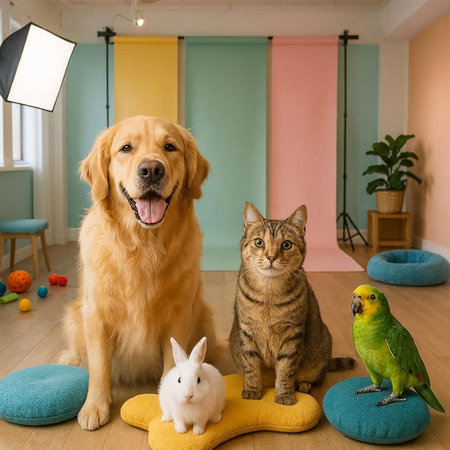 Cat and dog in the room with a green parrot and a dogの写真素材