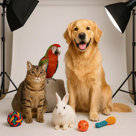 Cat, dog and dog in studio with soft toys on grey background