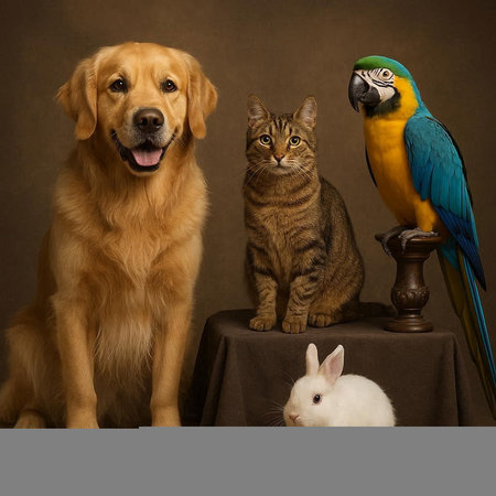 Cat, dog, macaw and a dog on a brown background