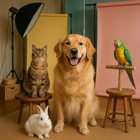 Golden Retriever, cat and macaw sitting next to a dogの写真素材
