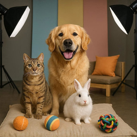 Golden Retriever, cat and rabbit in studio with soft light