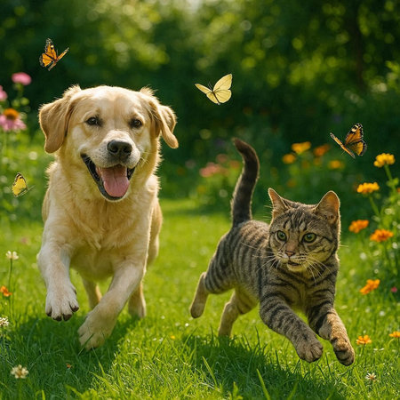 Golden Retriever and tabby cat running together in the garden