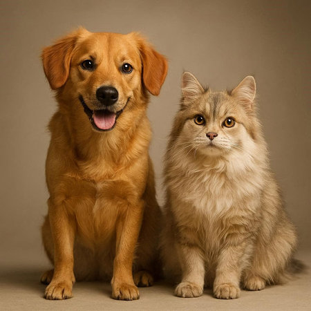 Golden retriever dog and cat sitting together on a gray background.