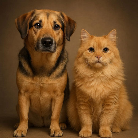 Portrait of a dog and a cat on a brown background.