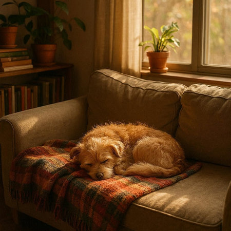 Cute Golden Retriever puppy sleeping on a sofa at home