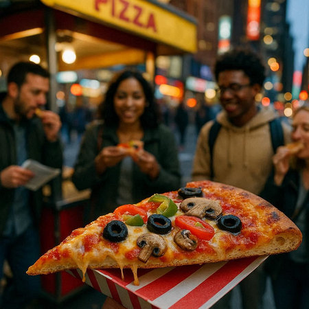 Group of friends eating pizza on the street in New York City.