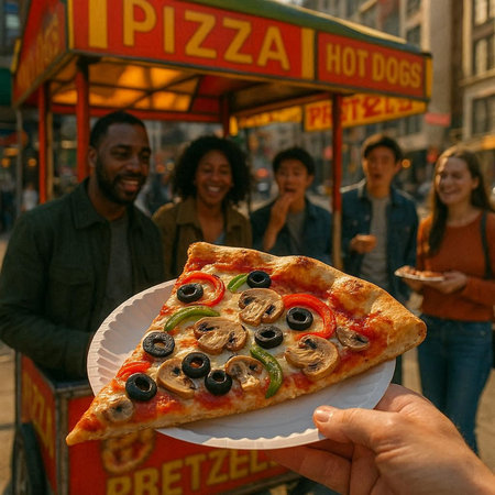 People eating pizza in New York City, USA. Fast food concept.の写真素材
