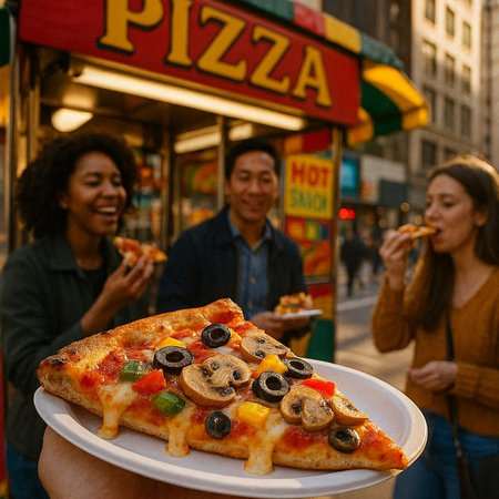 Group of people eating pizza on the street in New York City.
