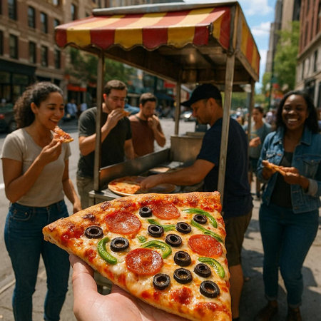 Pizza in hands of a man on the streets of New York.