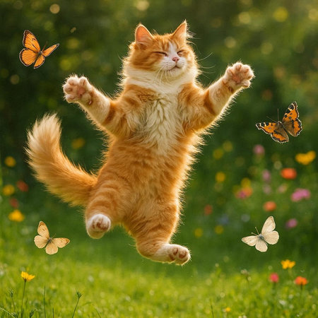 Ginger kitten jumping with flying butterflies on green grass in garden.