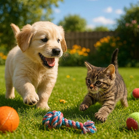 Golden retriever puppy and tabby kitten playing with ball of yarn on green grass