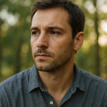 Portrait of a middle-aged man in a blue shirt.