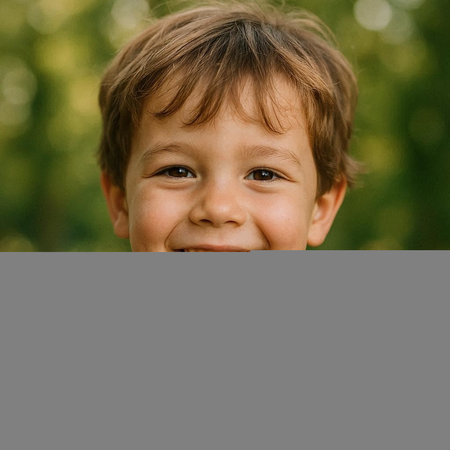 Portrait of a smiling little boy on a blurred green background.