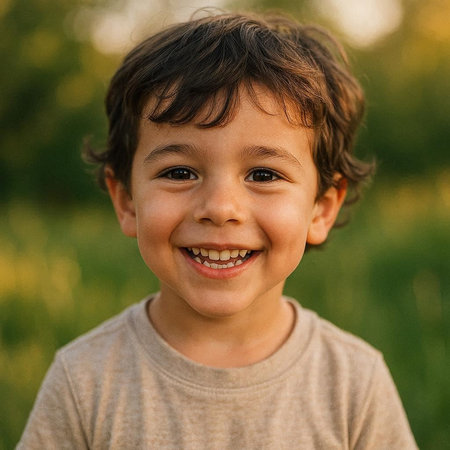 Portrait of a little boy in a field smiling at the camera