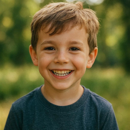 Portrait of a smiling boy in a blue T-shirt.