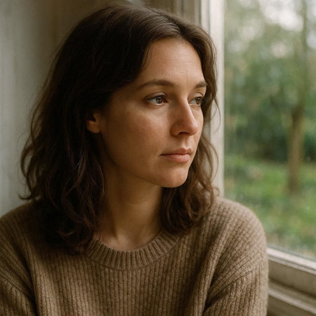 Portrait of a young woman looking out the window in a brown sweater