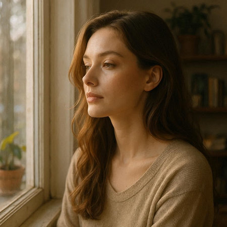 Portrait of young woman looking out the window at home. Close up