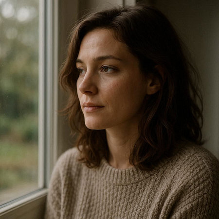 Portrait of a beautiful young woman in a beige sweater.