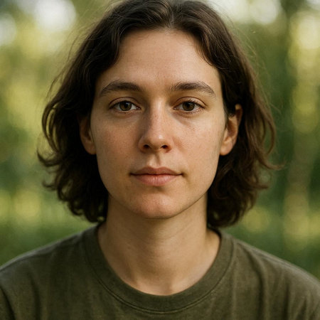 Portrait of a handsome young man with long brown hair in the park